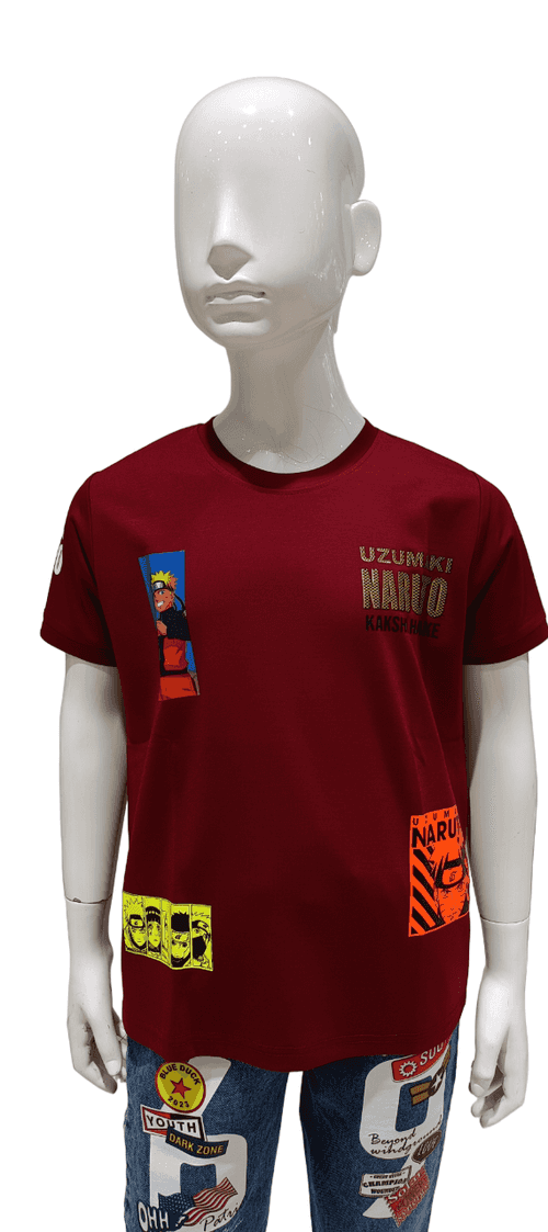 Boys Maroon Round Neck Half Sleeve Fancy T-Shirt