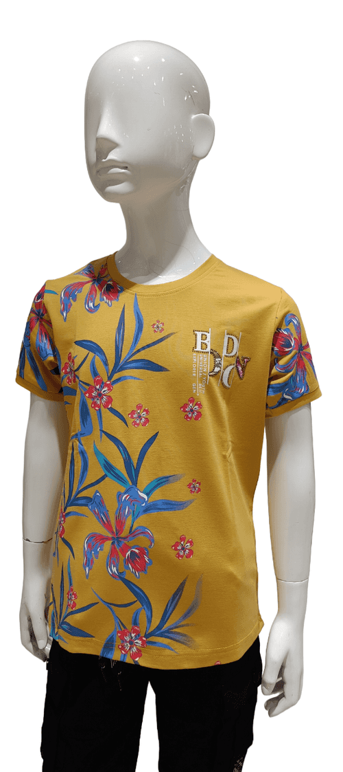 Boys Mustard Printed Round Neck Half Sleeve Fancy T-Shirt