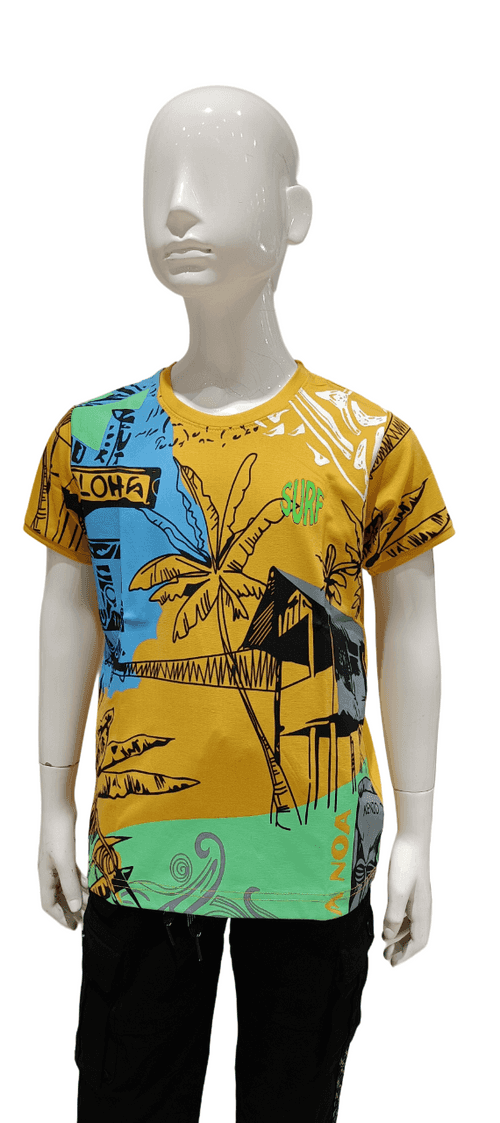 Boys Mustard Printed Round Neck Half Sleeve Fancy T-Shirt