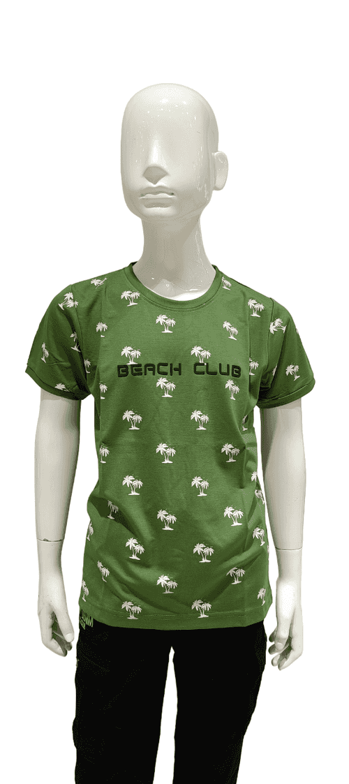 Boys Green Printed Round Neck Half Sleeve Fancy T-Shirt