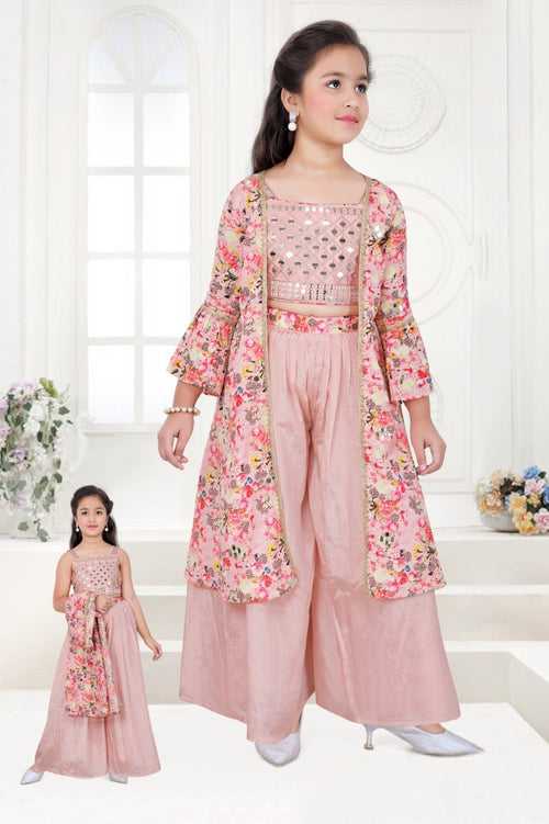 Girls Pink Floral Printed Long Jacket Party Wear Fancy Choli Suit