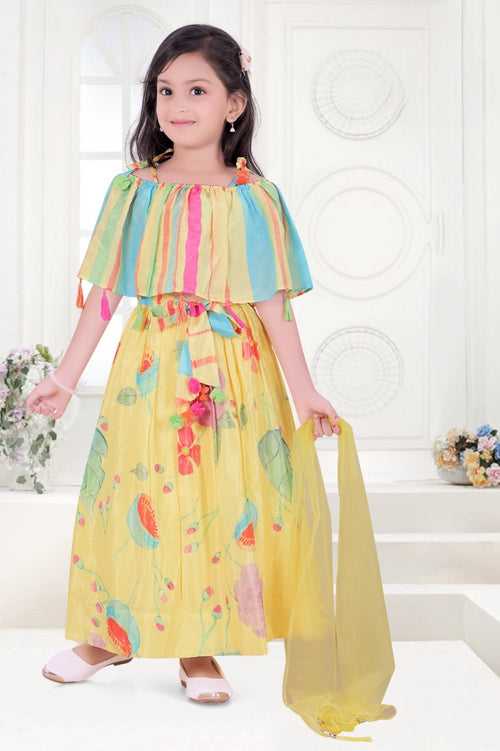 Girls Lemon Floral Printed Party Wear Long Skirt Top With Dupatta