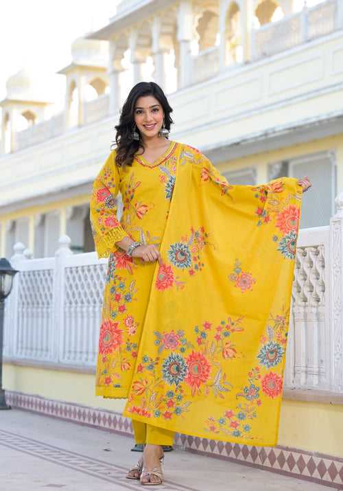 Women Yellow Floral Printed Stylish Cotton Kurti Stylish Bottom With Printed Dupatta Suit