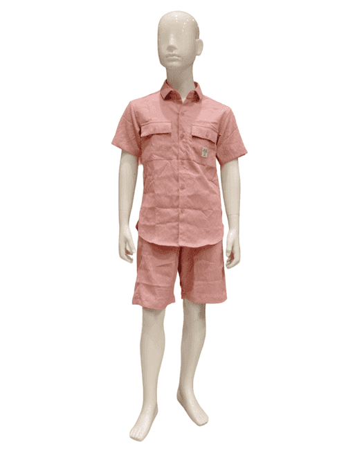 Boys Coral Peach Half Sleeve Shirt With Shorts Co-Ord Set