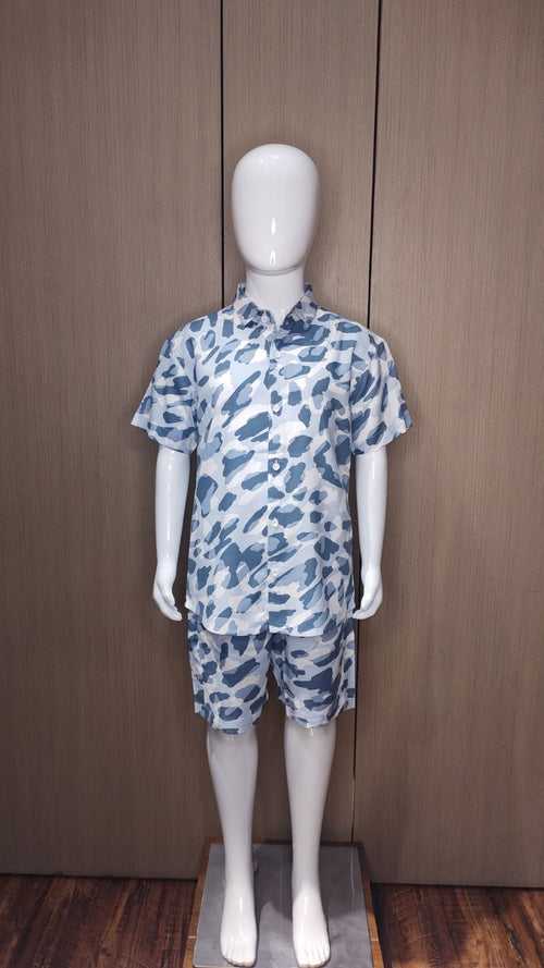 Boys Gris Printed Half Sleeve Shirt With Shorts Co-Ord Set