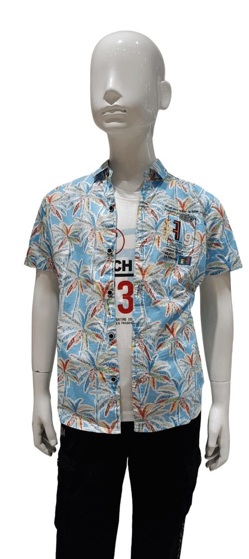 Boys Blue Printed Fancy Full Sleeve Shirt With Fancy White T-Shirt