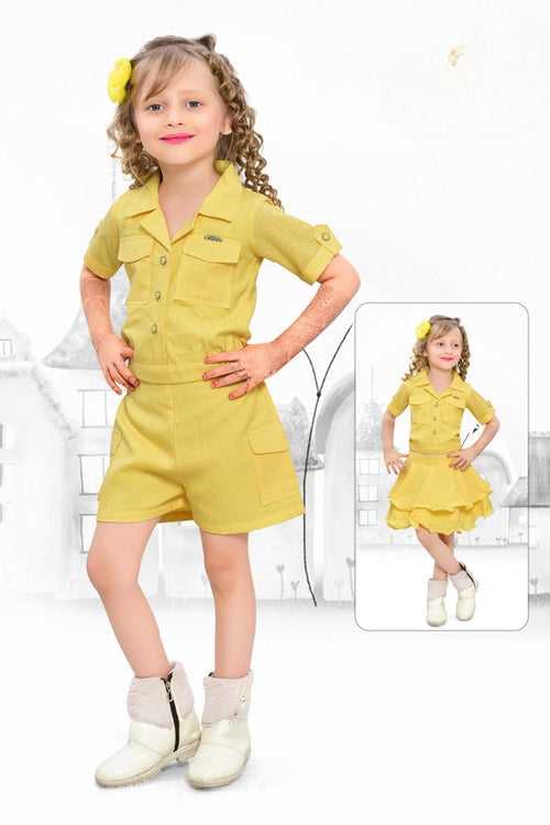 Girls Yellow Color Fancy Top Skirt With Short 3 Pcs Skirt Top Set