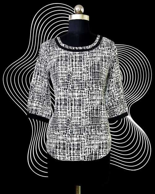 Women White And Black Printed Cotton Fancy Top