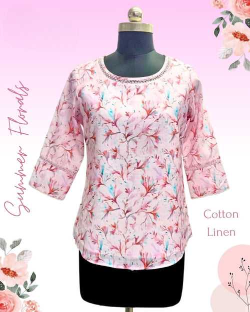 Women Pink Floral Printed Cotton Fancy Top