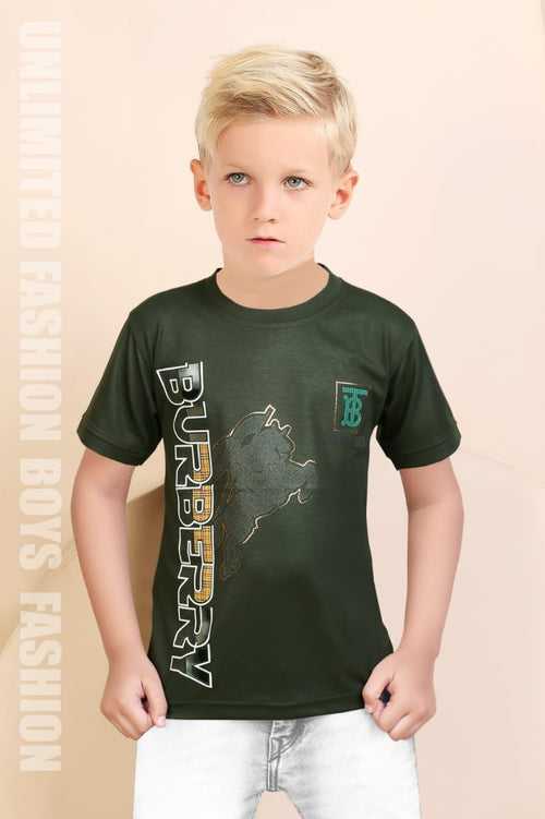Boys Olive Green Round Neck Half Sleeve Printed Fancy T-Shirt