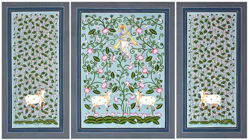 Krishna and Cows in Lotus Pond (triptych)