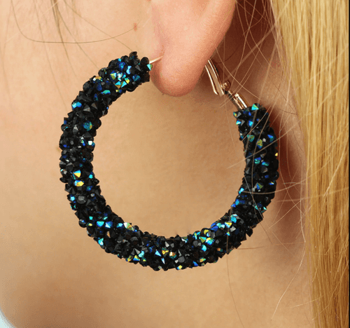 Blue and Black Crystal Hoop Earrings