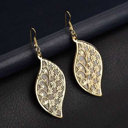 Gold Color Long Big Leaves Hollow Flower Dangle Earrings