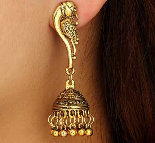 Antique Gold & Silver Birdie Peacock Small Bell Round Ball Earrings