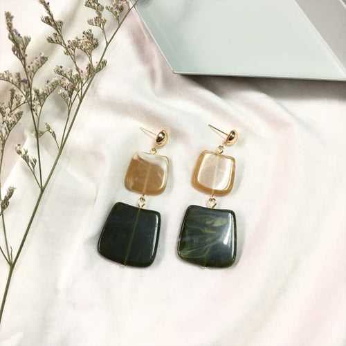 Geometric Shape Green-Brown Dangle Earrings