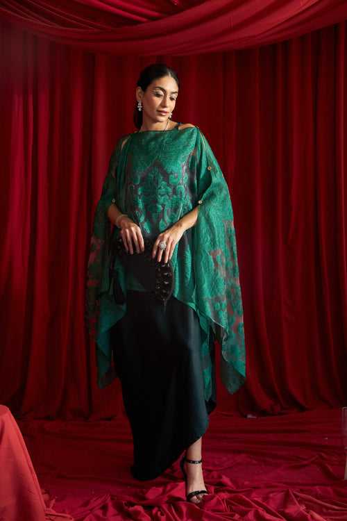 Slip Easy Dress With Organza Cape - Emerald Green