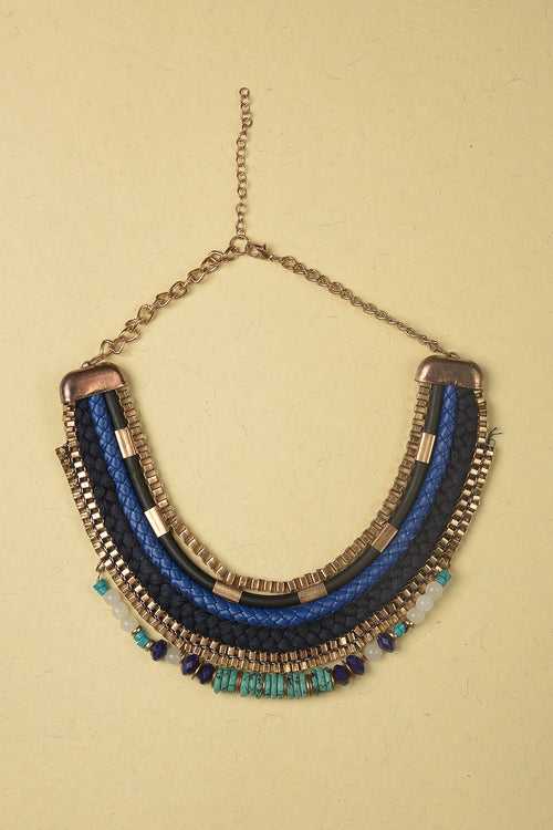 Necklace made of Box Chain, Threads, Suede, Metal Pipes, Beads, Stones and Iron Chain