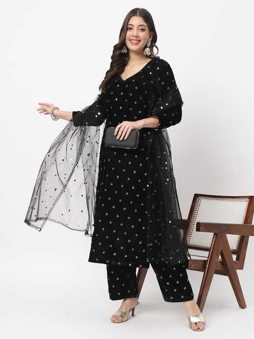 Black Sequin Velvet Straight Kurti with Straight Palazzo And Net Sequin Dupatta