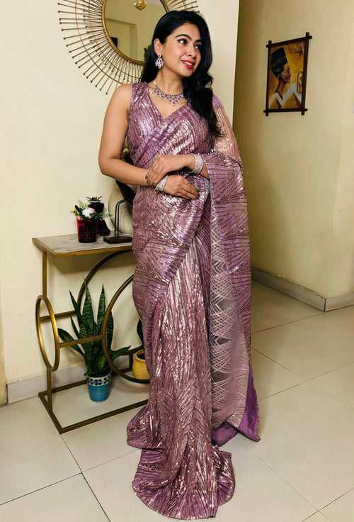 Bridal Ravishing Mauve Sequin Embroidered Net Readymade Saree