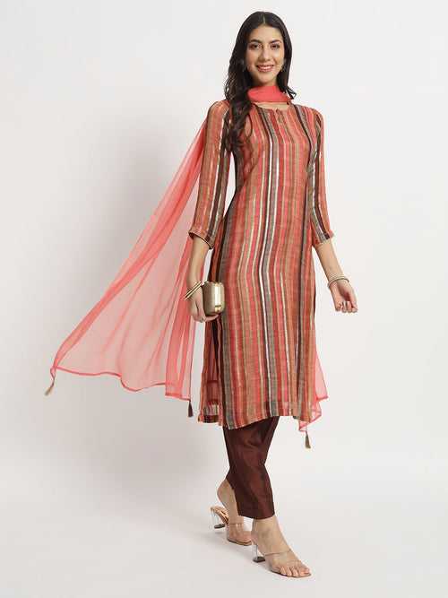 Bronze Brown Georgette Kurti with Pants and Chiffon Dupatta