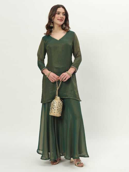 Leafy Green Two-tone Silk Kurti with Sharara