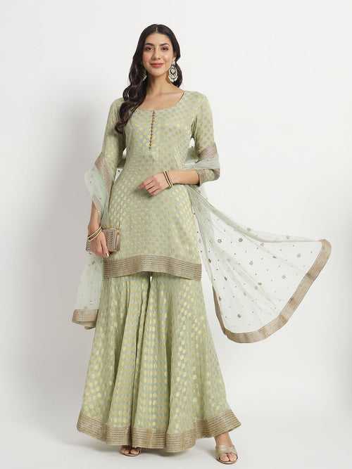 Dusty Charm Green Short Kurti with Georgette Sharara and Net Dupatta