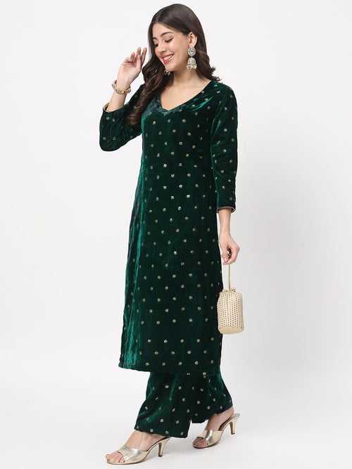 Green Sequin Velvet Straight Kurti with Straight Palazzo