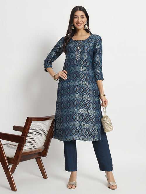 Indigo Dusk Delight Banarasi Silk Kurti With Pants Set