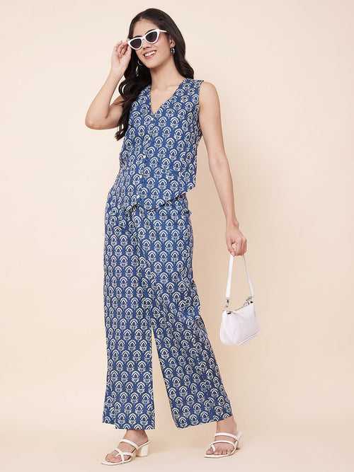 Indigo Printed Waist Coat Top with Pants