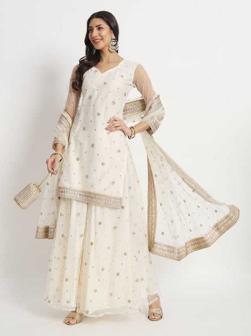 Ivory Dream Net Embroidered Kurti With Palazzo And Net Sequin Dupatta