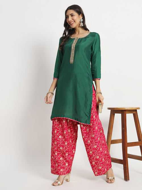 Jungle Green Embroidered Kurti with Magenta Brocade Salwar