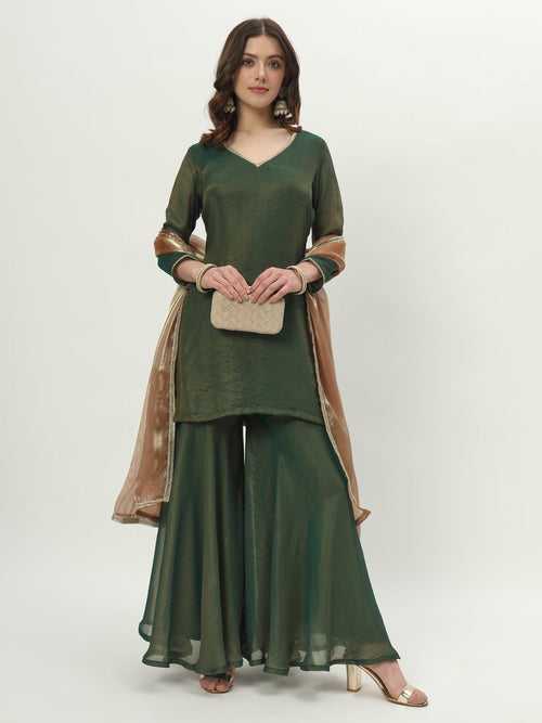 Leafy Green Two-tone Silk Kurti with Sharara and Organza Dupatta