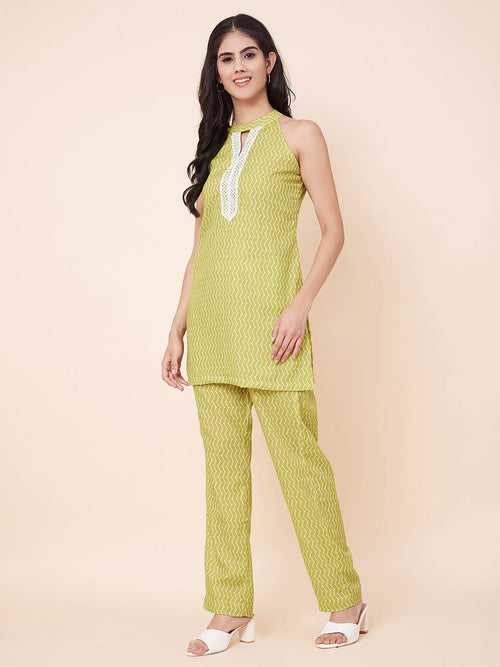 Lime Green Printed Short Kurti with Palazzo