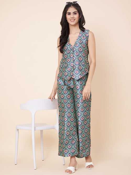 Pastel Blue Printed Waist Coat Top with Pants