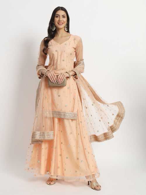 Peach Dream Net Embroidered Kurti With Palazzo And Net Sequin Dupatta