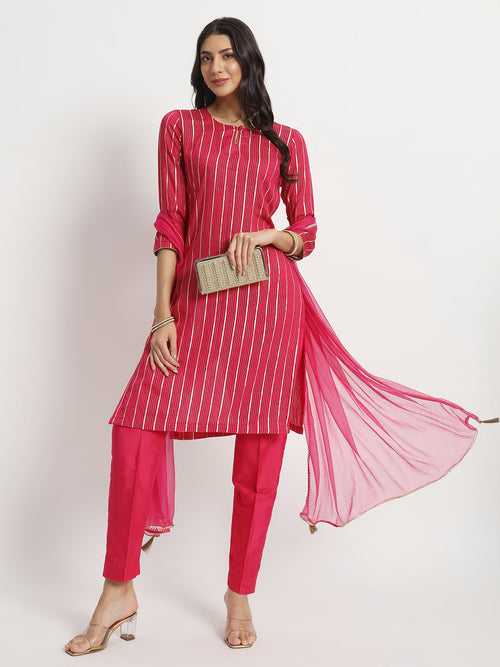 Pink Streaks Silk Kurti with Pants and Chiffon Dupatta