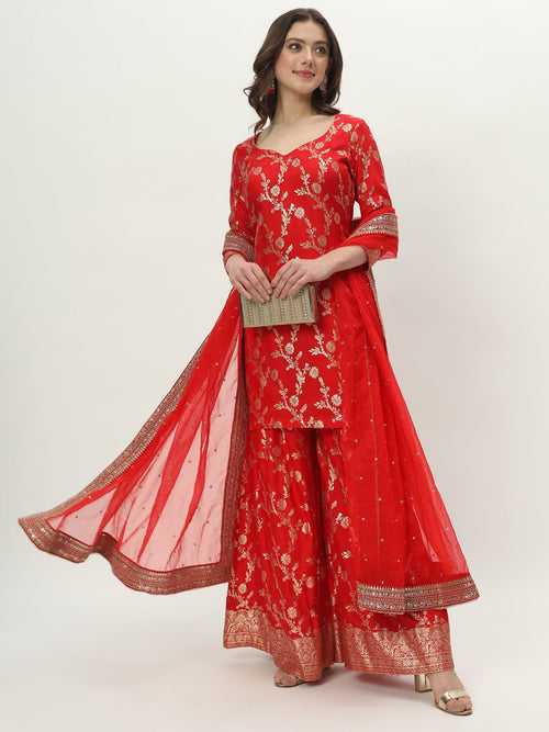 Red Hue Banarsi Silk Kurti with Palazzo and Net Stone Dupatta