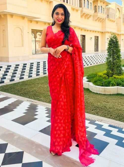 Red Net Embroidered Readymade Saree
