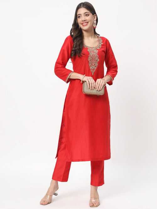 Red Zardozi Embroidered Straight Kurti with Straight Pants
