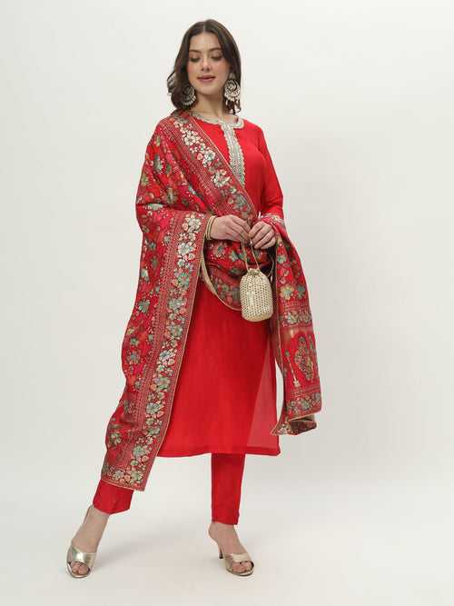 Refined Red Silk Kurti with Pants and Floral Zari Silk Dupatta
