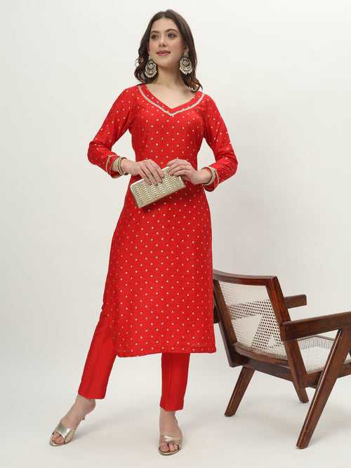 Rich Red Chanderi Straight Kurti with Pants