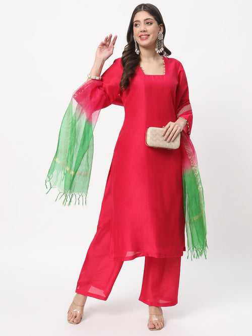 Vibrant Magenta Straight Kurti with Straight Palazzo and Shaded Dupatta