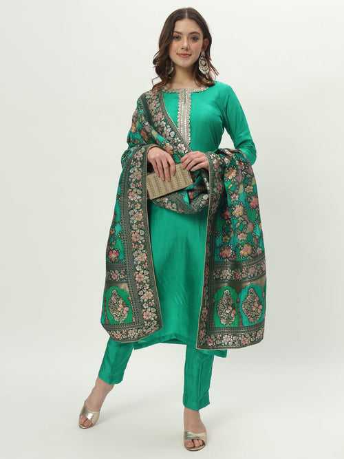 Vivacious Green Silk Kurti with Pants and Floral Zari Silk Dupatta