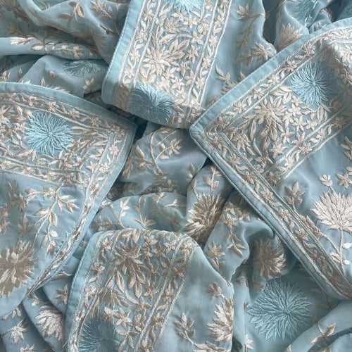 Blue Embroidered Parsi Gara Georgette White Thread Work Dupatta