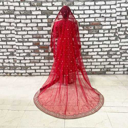 Bridal Heer Red Zari Embroidered Net Stone Trail Dupatta
