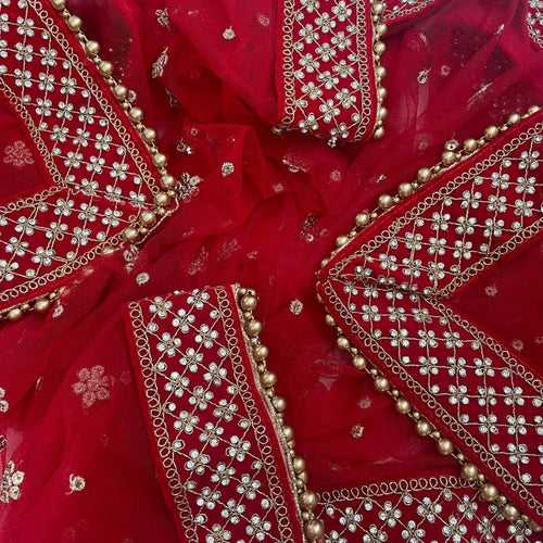 Bridal Red Jewel Embroidered Sequin Net Dupatta