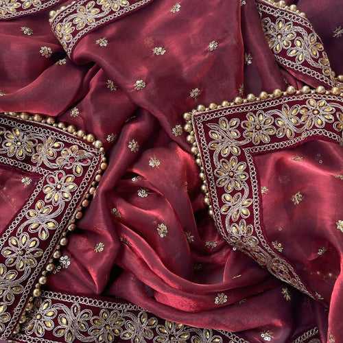 Bridal Royal Kundan Maroon Sequin Embroidered Organza Dupatta