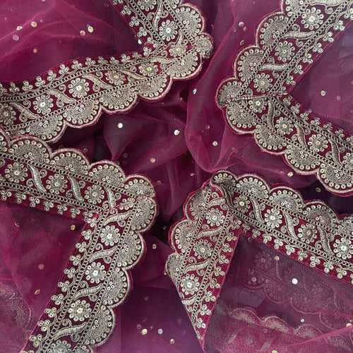 Bridal Nayaab Maroon Stone Embroidered Net Scalloped Dupatta