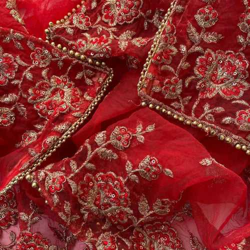 Red and Gold Thread Net Sequenced Dupatta