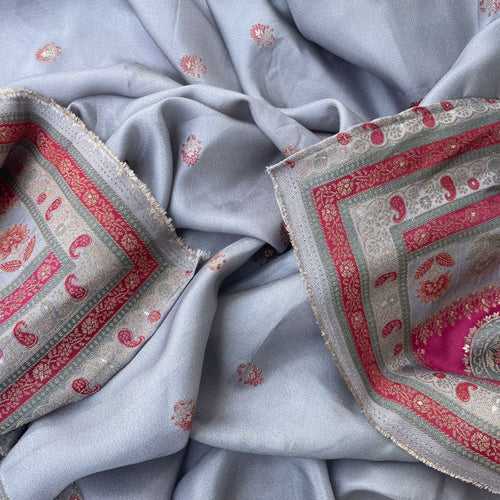 Grey Pink Banarasi Silk  Paisley Dupatta